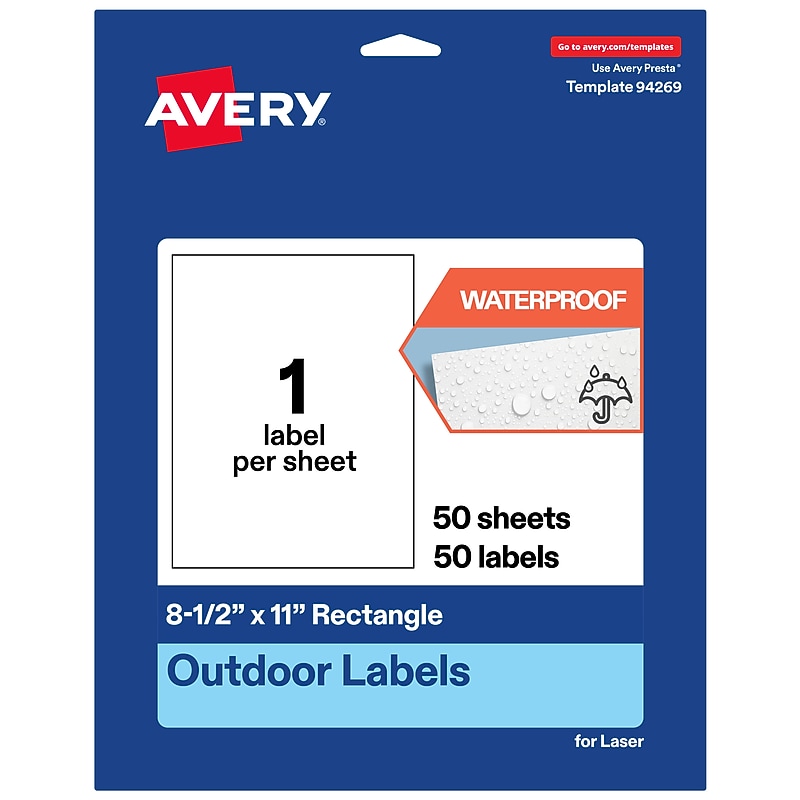 Avery Waterproof Rectangle Laser Multipurpose Labels, 8.5" x 11", White, 50/Box (19479399390) image 1