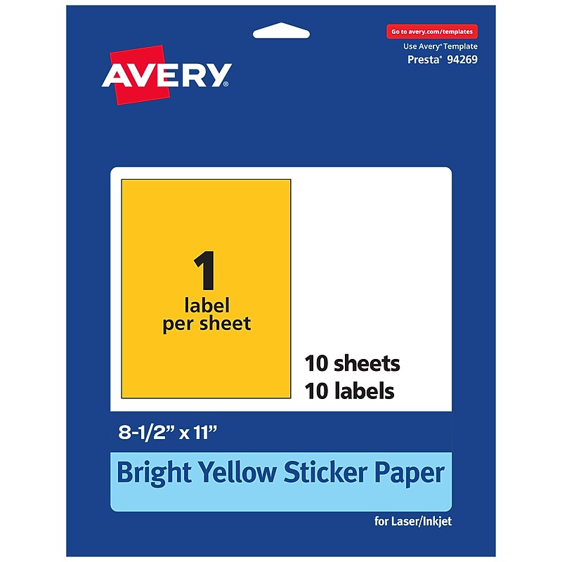 Avery Laser/Inkjet Rectangle Multipurpose Labels, 8.5" x 11", Bright Yellow, 10/Pack (94269) image 1