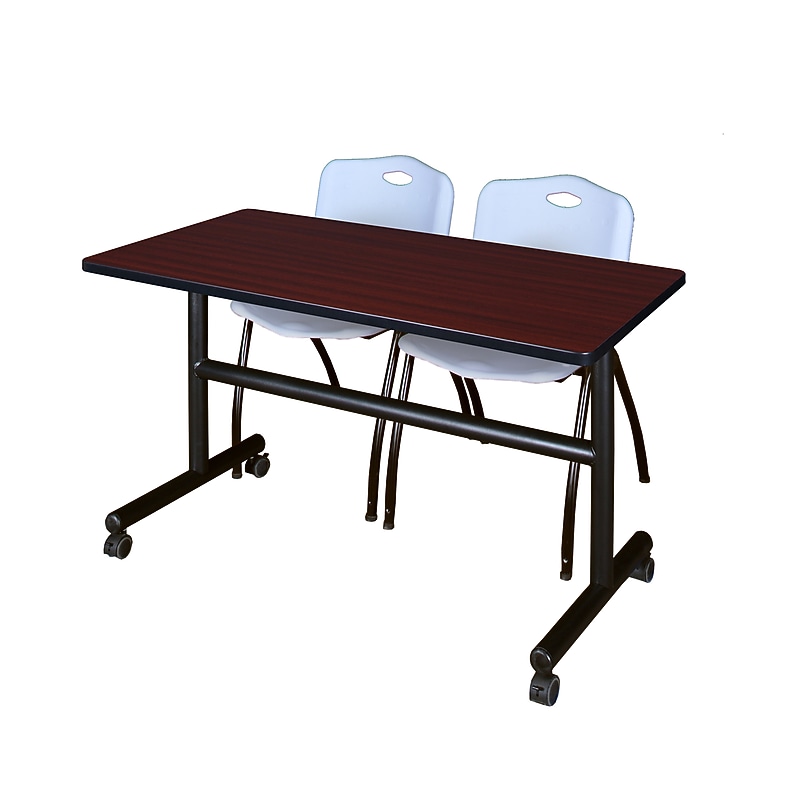 Regency Kobe 48" Flip Top Mobile Training Table- Mahogany & 2 'M' Stack Chairs- Grey image 1