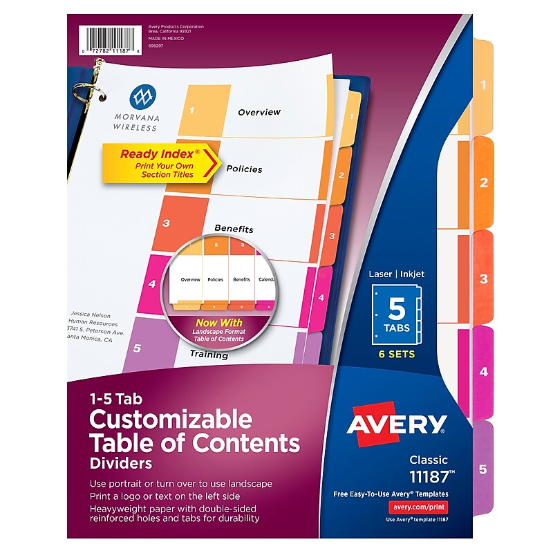 Avery Ready Index Table of Contents Paper Dividers, 1-5 Tabs, Multicolor, 6 Sets/Pack (11187) image 1