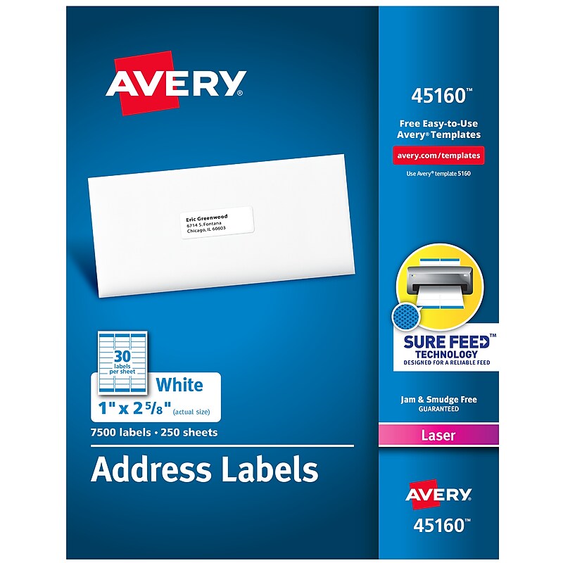 Avery Sure Feed Laser Address Labels, 1" x 2-5/8", White, 7,500 Labels/Box (45160) image 1