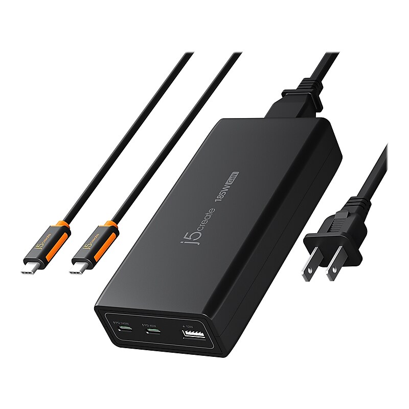 j5create 185W USB-C/USB-A 3-Port GaN PD Charger, Black (JUP37185) image 1