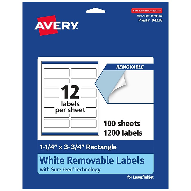 Avery Laser/Inkjet Rectangle Multipurpose Labels, 1.25" x 3.75", White, 1200 Labels/Box (94228) image 1