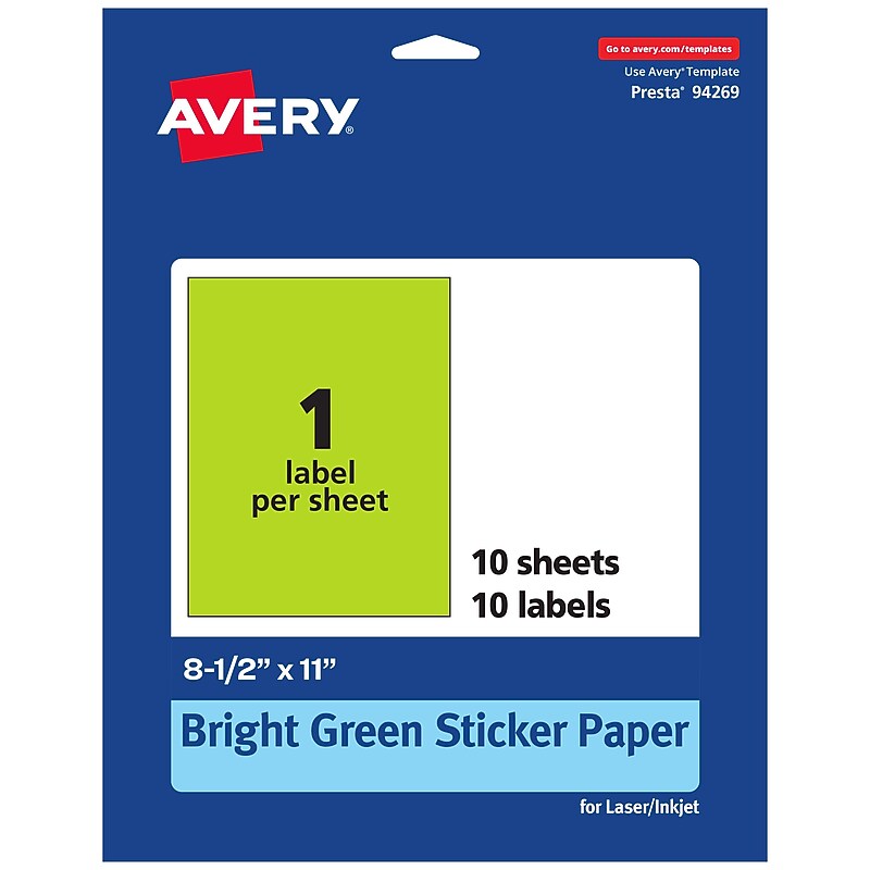 Avery Rectangle Multipurpose Labels, 8.5" x 11", Bright Green, 10/Pack (94269) image 1