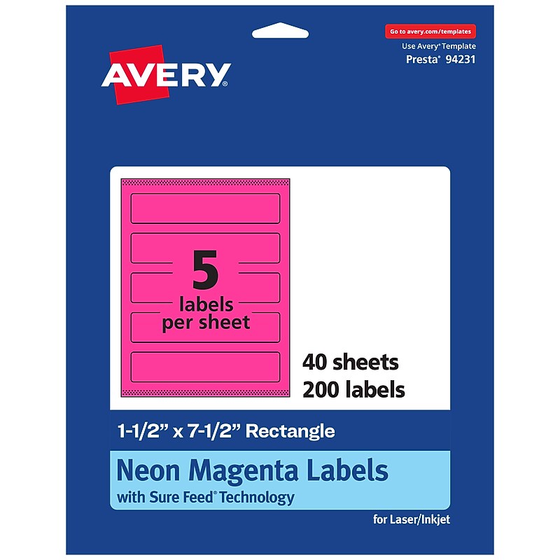 Avery Laser/Inkjet Rectangle Multipurpose Labels, 1.5" x 7.5", Neon Magenta, 200/Pack (94231) image 1