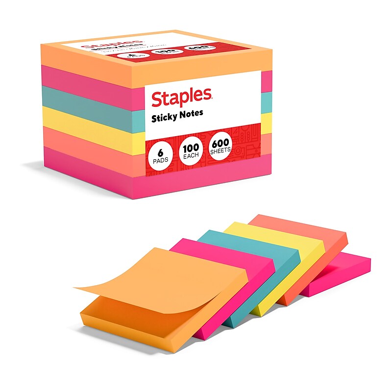 Staples Stickies Standard Notes, 3" x 3" Assorted, 100 Sheets/Pad, 6 Pads/Pack (S-33BR6/52560) image 1