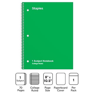 STAPLES 1‑Subject Notebook, 8” x 10.5”, College Ruled, 70 Sheets, Green~#|#~FFCD262F-3BDD-49A6-A46B337ED16C9DCA_sc7