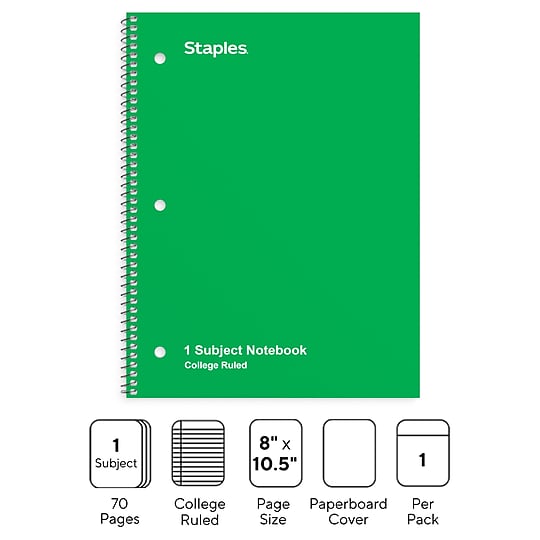 STAPLES 1‑Subject Notebook, 8” x 10.5”, College Ruled, 70 Sheets, Green~#|#~FFCD262F-3BDD-49A6-A46B337ED16C9DCA_sc7