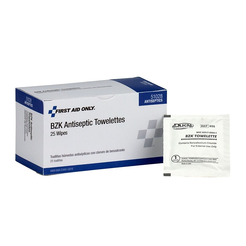 First Aid Only BZK 0.133% Benzalkonium Chloride Antiseptic Wipes, 25/Box (51028) image 1