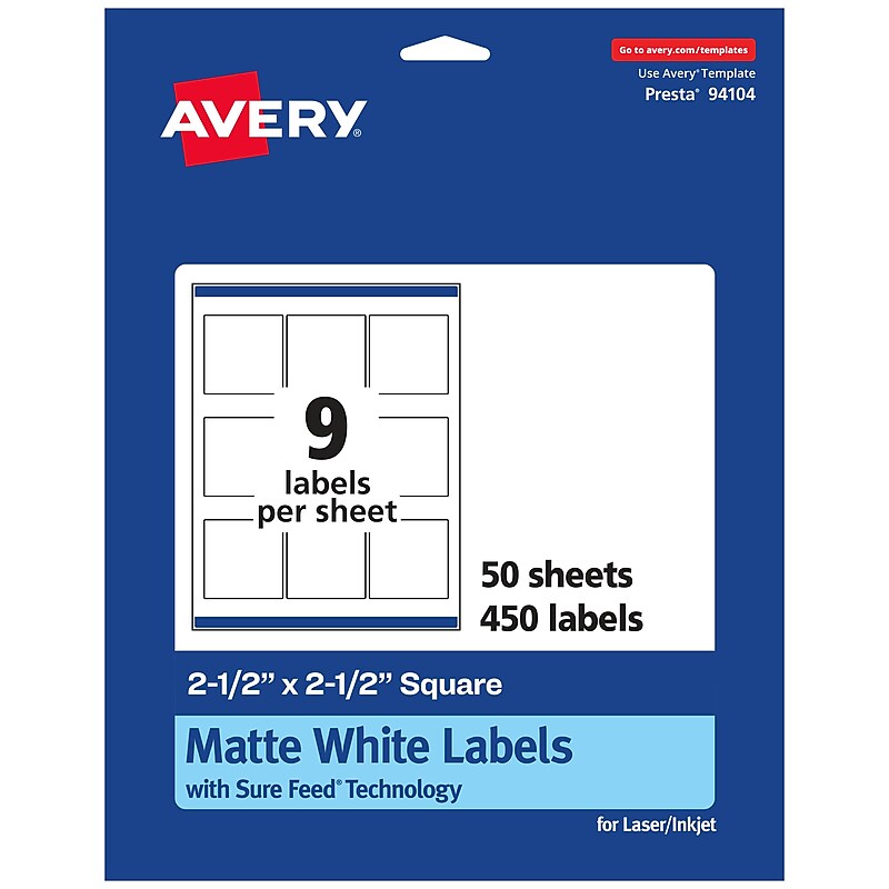 Avery Laser/Inkjet Square Multipurpose Labels, 2.5" x 2.5", Matte White, 450 Labels/Box (94104) image 1
