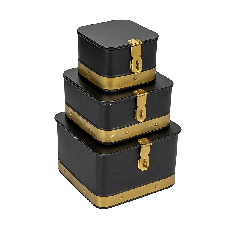 Storied Home Decorative Metal Boxes with Hinged Lid, Black/Gold, 3/Pack (EC1660) image 1