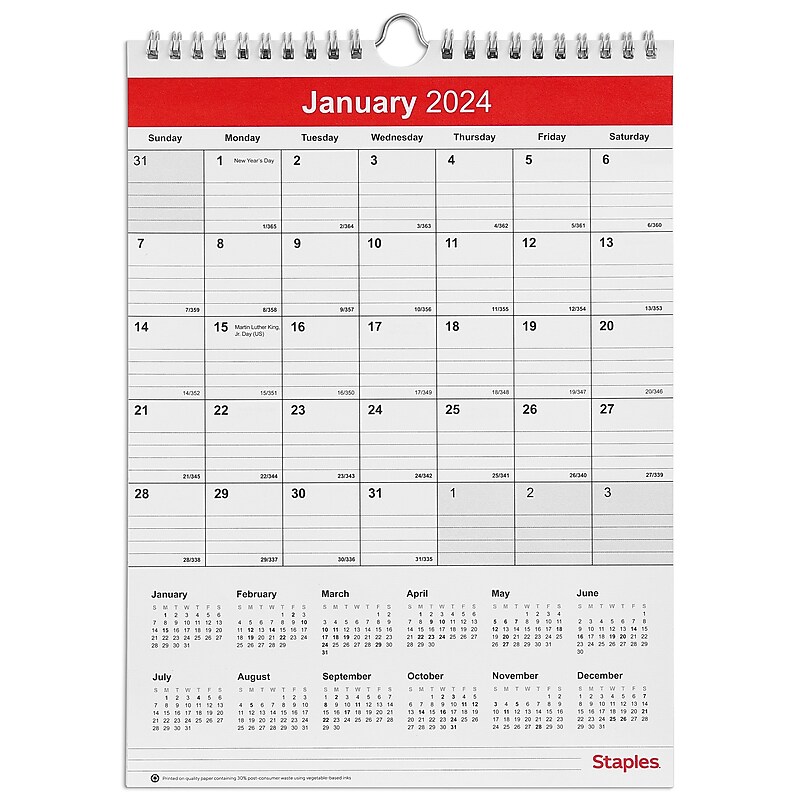 2024 Staples 8" x 11" Wall Calendar, Red/White (ST53922-24) image 1
