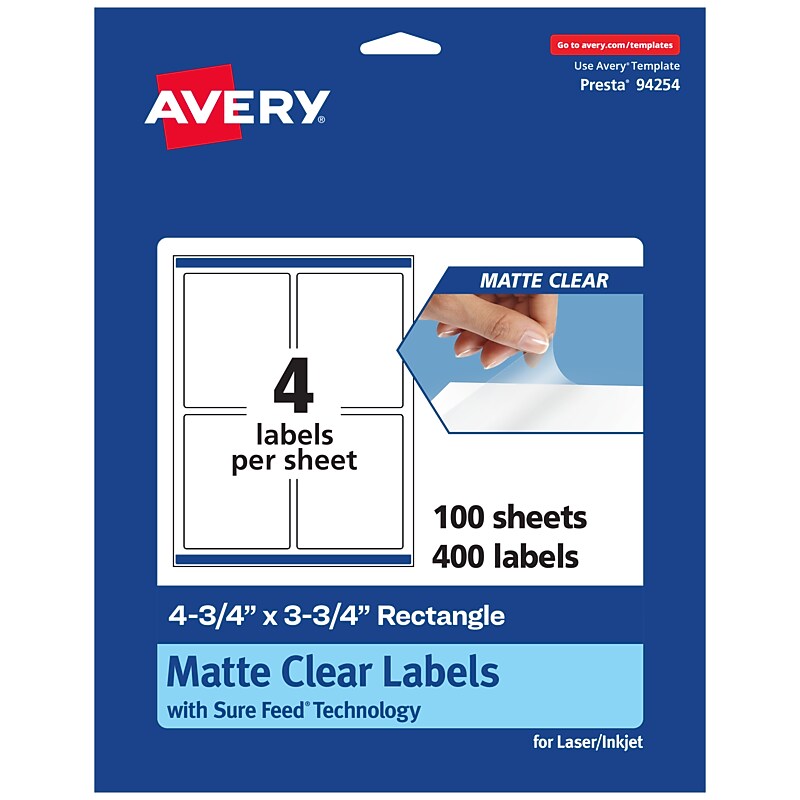 Avery Laser/Inkjet Rectangle Multipurpose Labels, 4-3/4" x 3-3/4", Clear, 400/Box (94254) image 1