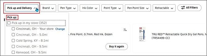 Filter by items available for pick up.