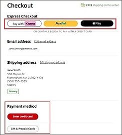 Staples payment options displayed on the website at Checkout.