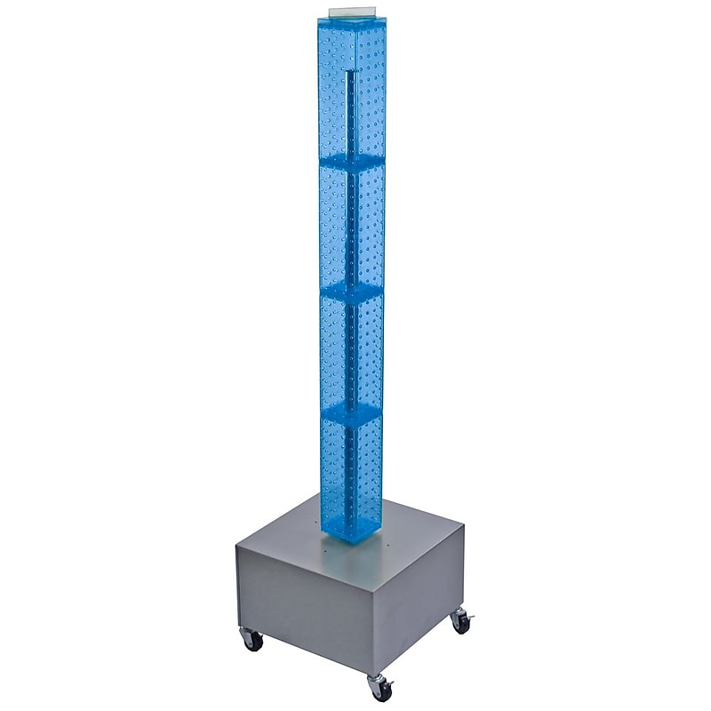 Azar 48"(H) x 4"(W) x 4"(D) 4-Sided Interlocking Pegboard Display Tower With Wheels, Blue image 1
