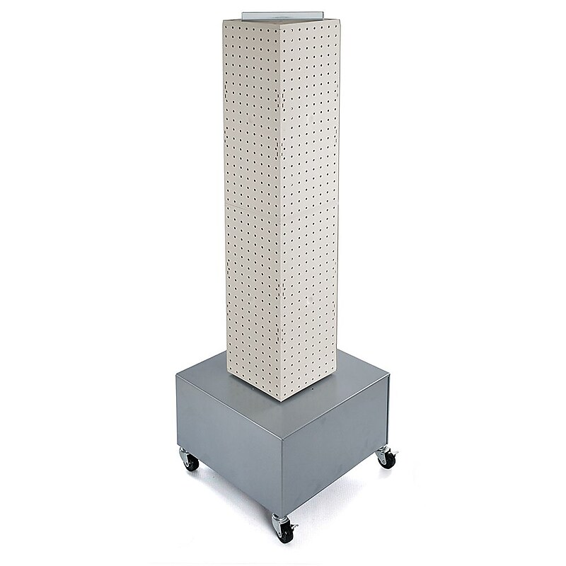 Azar® 40"(H) x 8"(W) x 8"(D) 4-Sided Interlocking Pegboard Display Tower With Wheels, White image 1