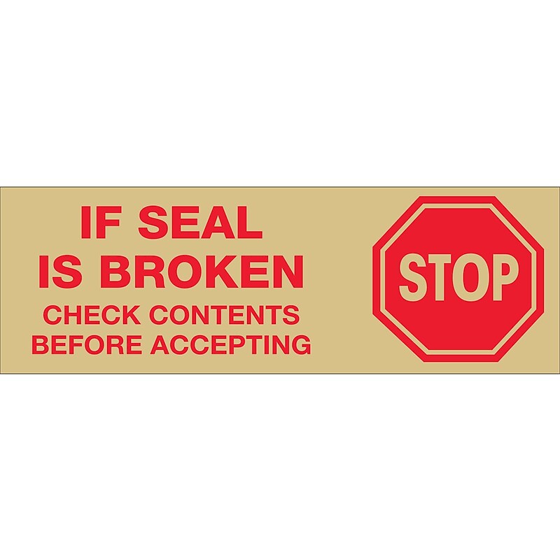 Tape Logic™ 3" Pre Printed "Stop If Seal Is Broken" Carton Sealing Tape, Red On Tan, 6/Pack image 1