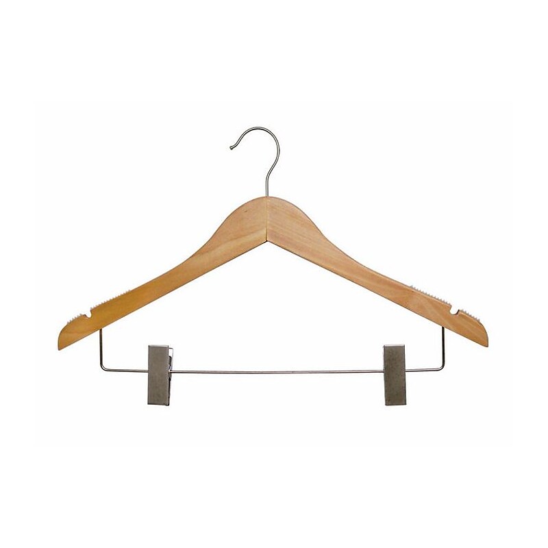 NAHANCO 17" Wood Flat Suit Hanger With Clips, Chrome Hook, Low Gloss Natural, 100/Pack (260-17RC) image 1