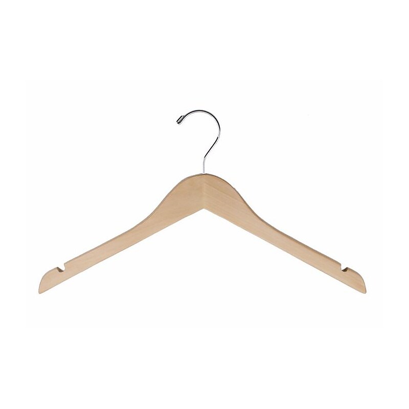 NAHANCO 17" Wood Flat Dress Hanger With Notches, Chrome Hook, Natural, 100/Pack image 1
