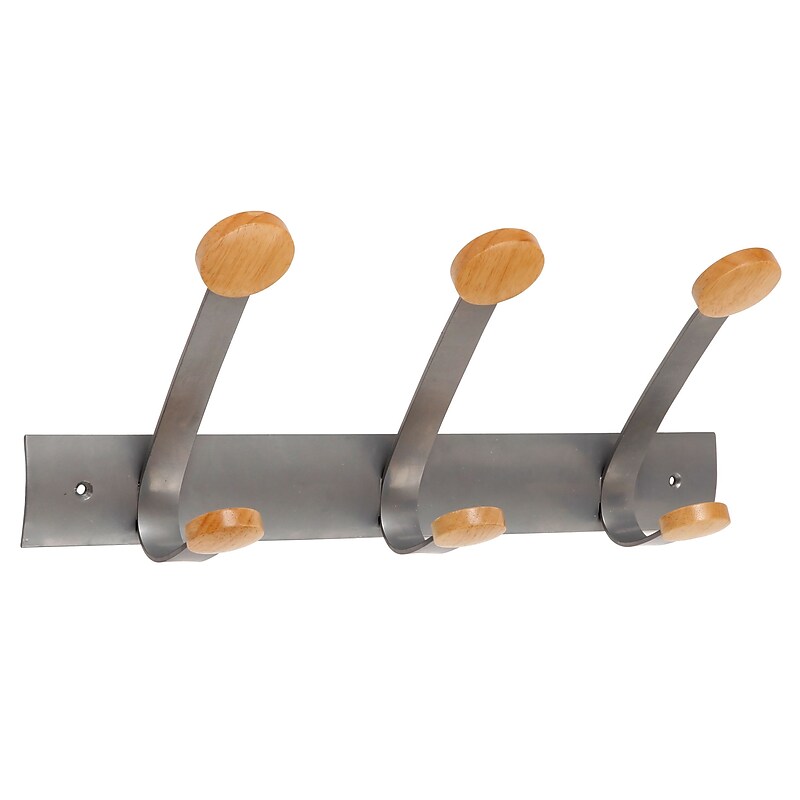 Alba Innovative Double Wooden Three Coat Hook, Brown Finish Silver Steel (PMV3) image 1