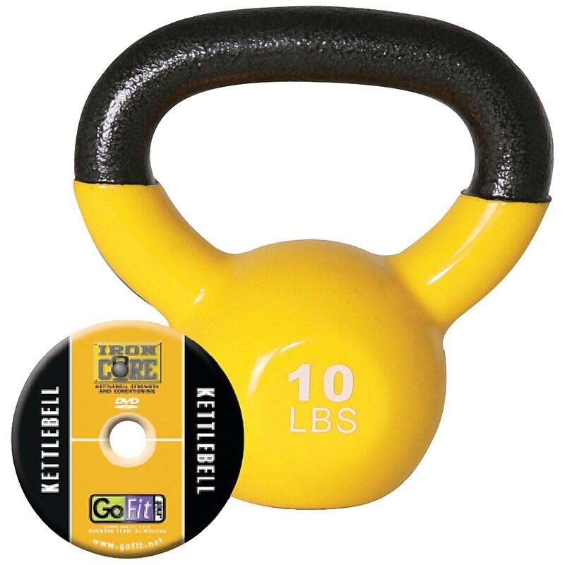 Gofit Vinyl-Dipped Kettlebell & Iron Core Training DVD, Yellow (GF-KBELL10) image 1