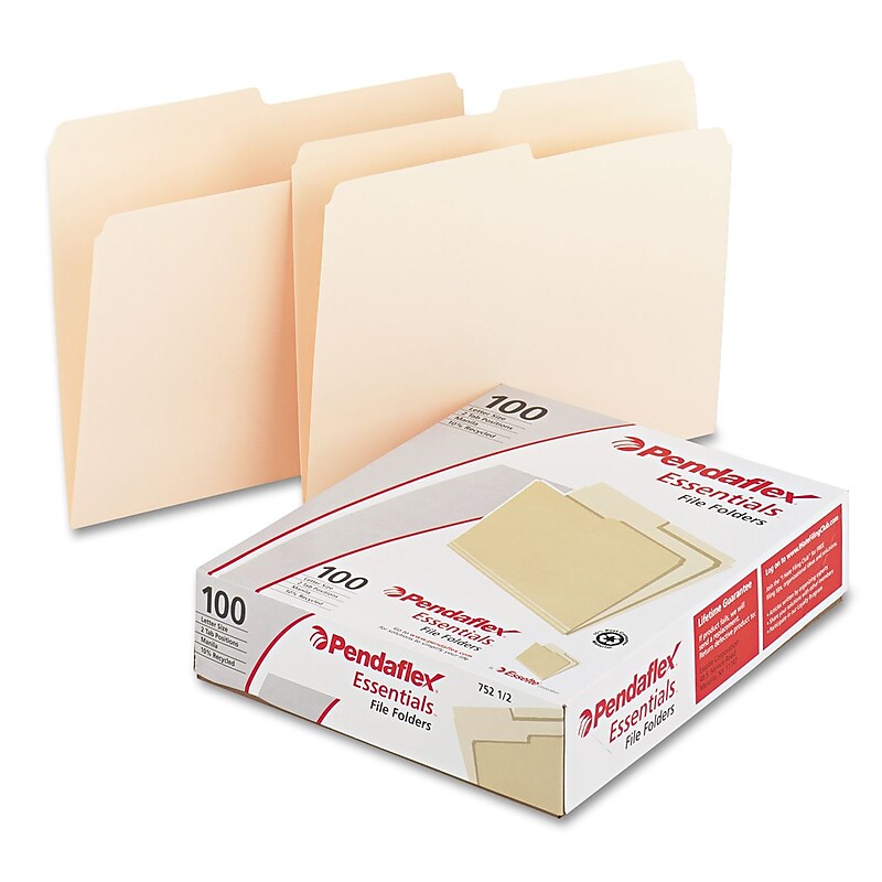 Pendaflex Recycled File Folder, 2/5-Cut Tab, Assorted, Letter Size, Manila, 100/Box (752 1/2) image 1