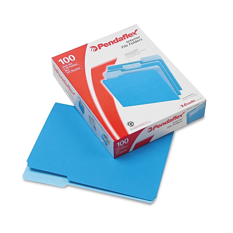 Pendaflex Recycled File Folder, 1/3-Cut Tab, Assorted, Letter Size, Blue, 100/Box (4210 1/3 BLU) image 1