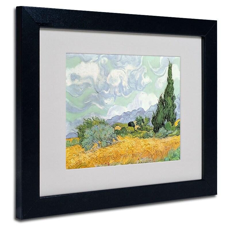 Trademark Fine Art Vincent van Gogh 'Wheatfield with Cypresses 1889' Matted Fr Black Frame 11x14 In image 1