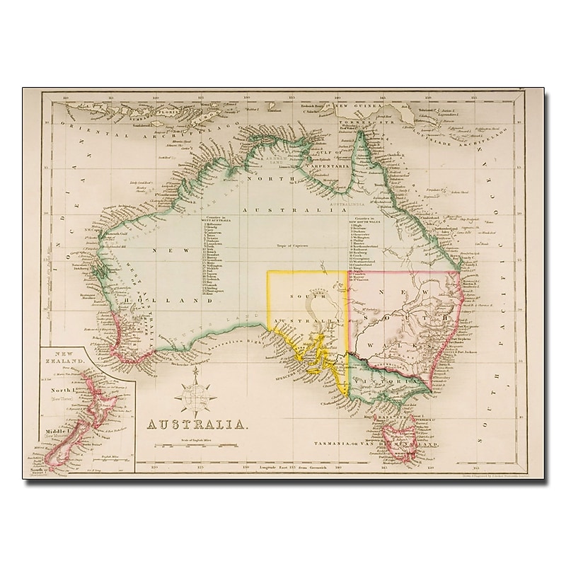 Trademark Fine Art J. Archer 'Map of Australia and New Zealand' Canvas Art 24x32 Inches image 1