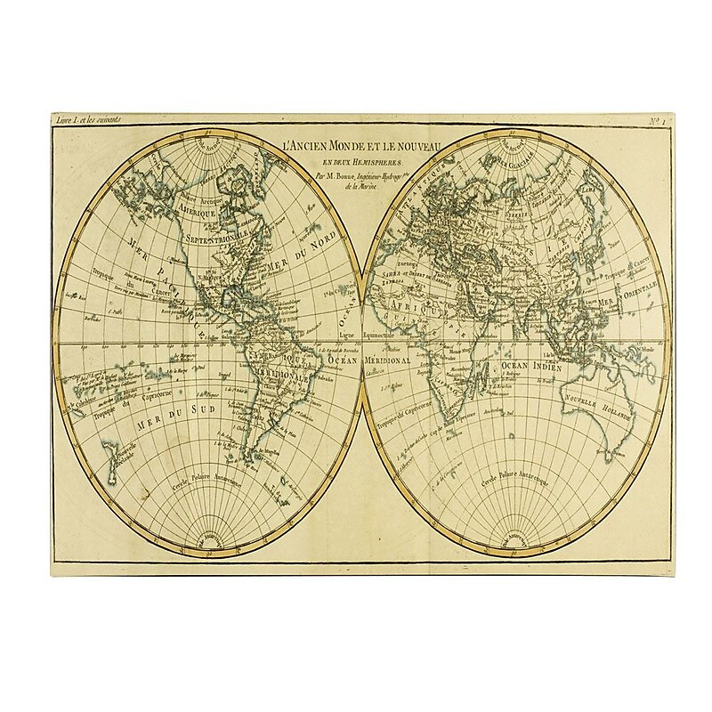 Trademark Fine Art Charles Bonne 'World Map in Two Hemispheres' Canvas Art 24x47 Inches image 1