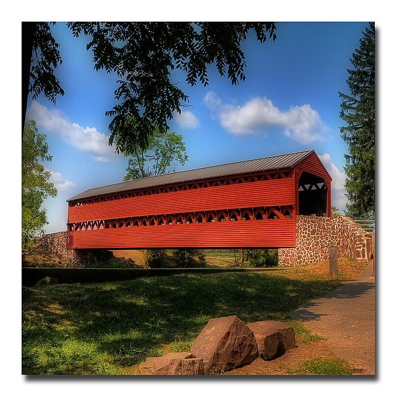 Trademark Fine Art Lois Bryan 'Red Covered Bridge' Canvas Art 18x18 Inches image 1