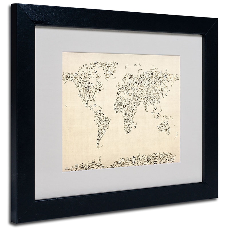 Trademark Fine Art Michael Tompsett 'World Map-Music Notes' Matted Art Black Frame 11x14 Inches image 1