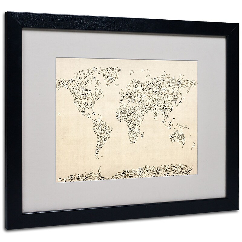Trademark Fine Art Michael Tompsett 'World Map-Music Notes' Matted Art Black Frame 16x20 Inches image 1