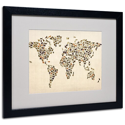 Trademark Fine Art Michael Tompsett 'World MapCats' Matted Art Black