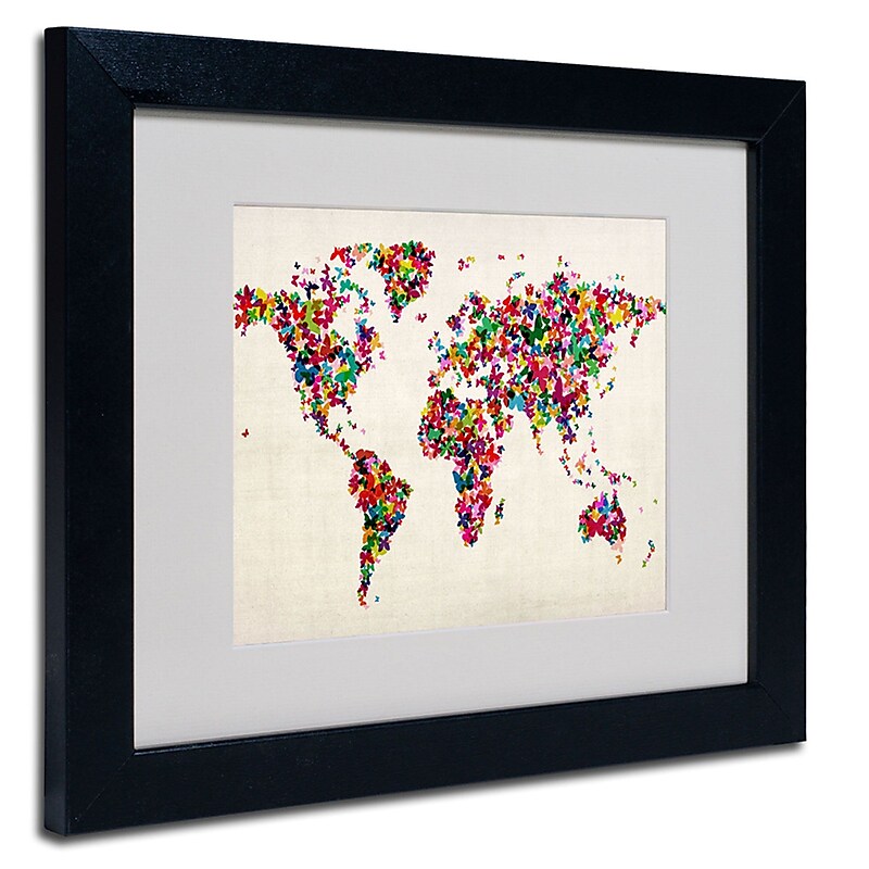 Trademark Fine Art Michael Tompsett 'Butterflies World Map' Matted Art Black Frame 11x14 Inches image 1