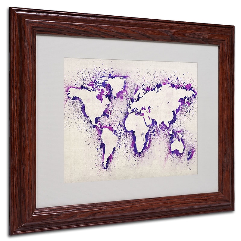 Michael Tompsett 'World Map Purple Splash' Framed Matted Art - 11x14 Inches - Wood Frame image 1