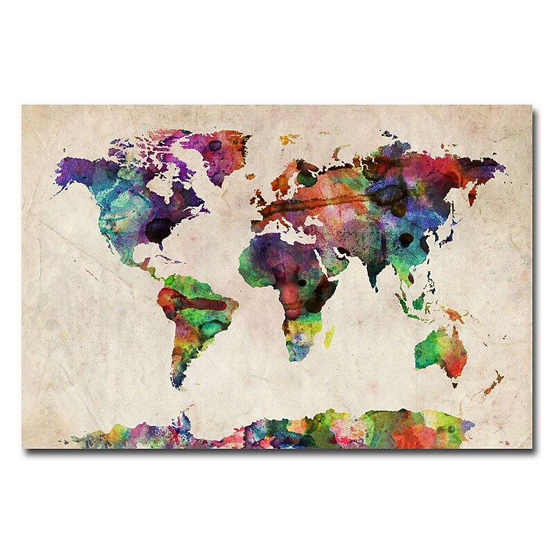 Trademark Fine Art Michael Tompsett 'Urban Watercolor World Map' Canvas Art 18x24 Inches image 1