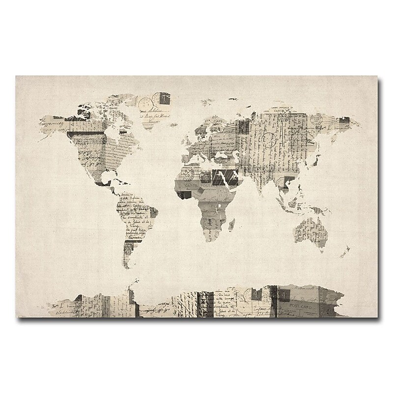 Trademark Fine Art Michael Tompsett 'Vintage Postcard World Map' Canvas Art 18x24 Inches image 1