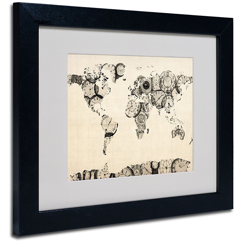 Trademark Fine Art Michael Tompsett 'Old Clocks World Map' Matted Art Black Frame 11x14 Inches image 1
