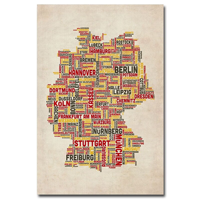 Trademark Fine Art Michael Tompsett 'Germany-Cities Text Map' Canvas Art 18x24 Inches image 1