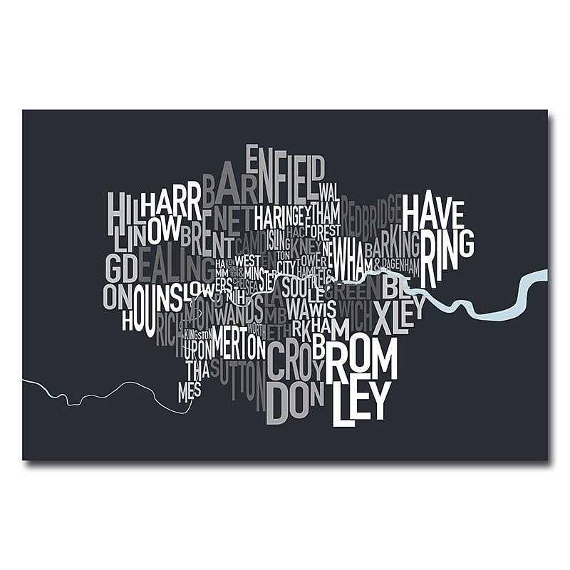 Trademark Fine Art Michael Tompsett 'London Borough Text Map' Canvas Art 16x24 Inches image 1