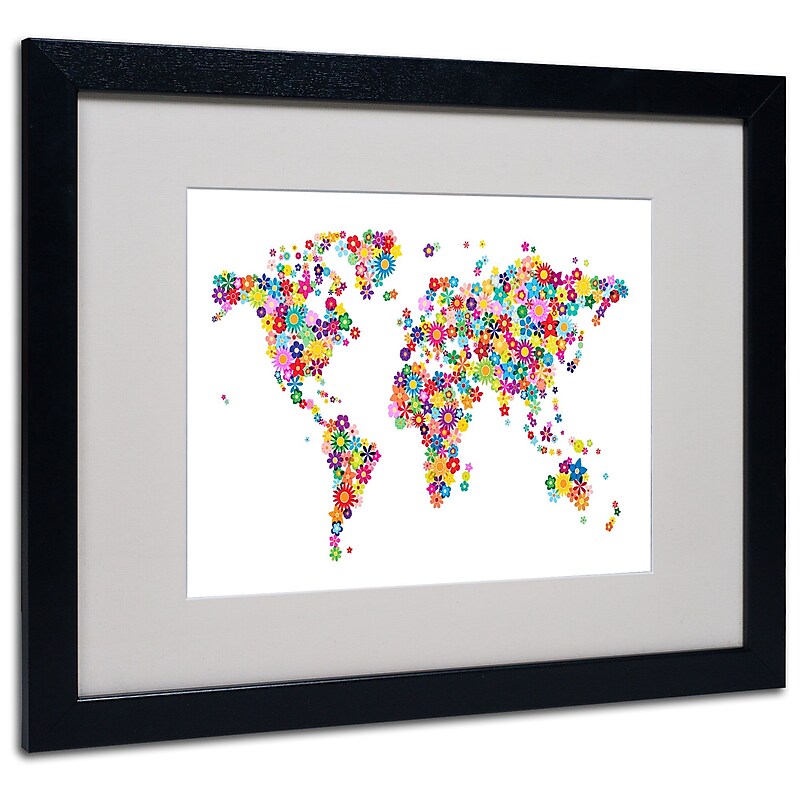 Michael Tompsett 'Flowers World Map 2' Matted Framed Art - 11x14 Inches - Wood Frame image 1
