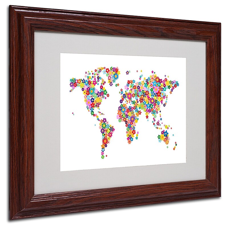 Michael Tompsett 'Flowers World Map 2' Matted Framed Art - 16x20 Inches - Wood Frame image 1