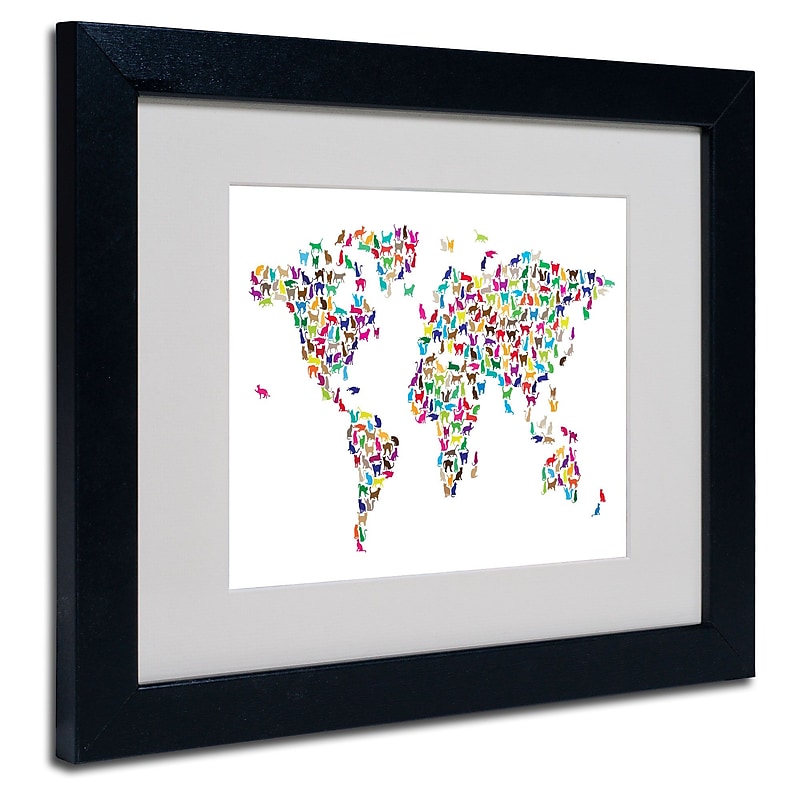 Trademark Fine Art Michael Tompsett 'Cats World Map' Matted Art Black Frame 16x20 Inches image 1