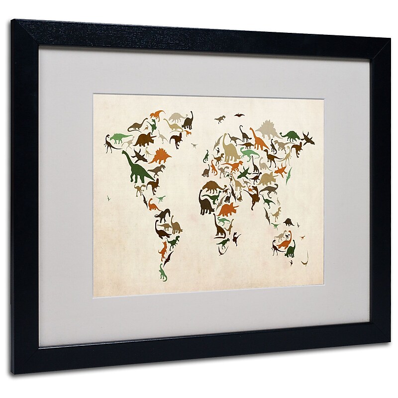 Michael Tompsett 'Dinosaur World Map 2' Matted Framed Art - 11x14 Inches - Wood Frame image 1