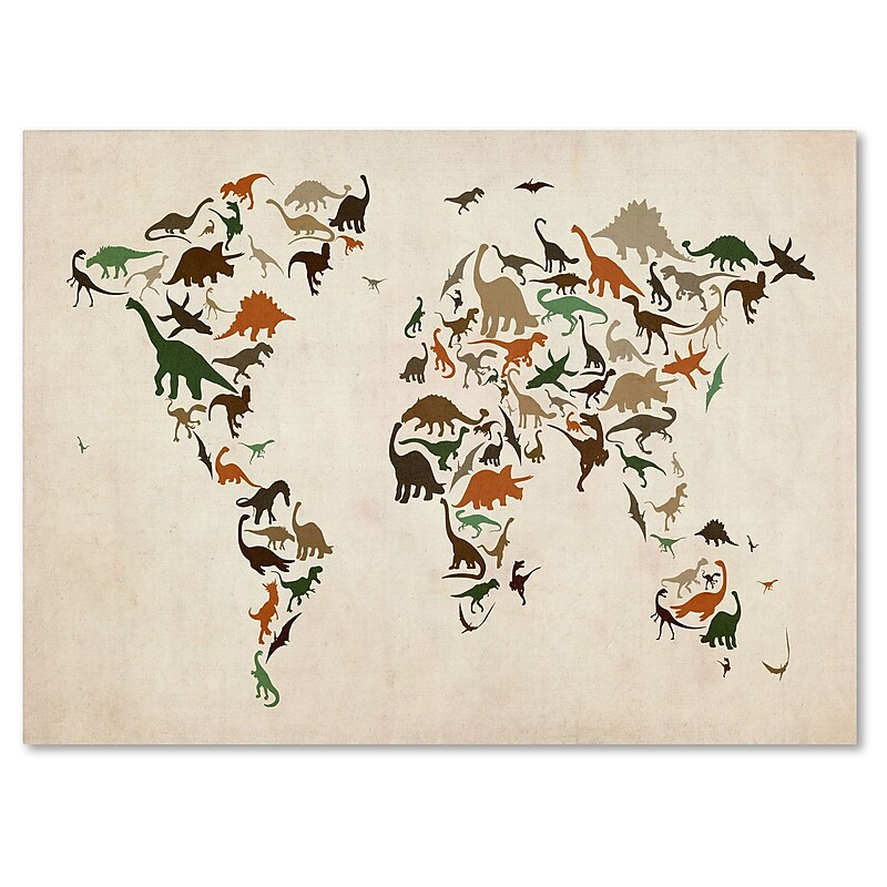 Trademark Fine Art Michael Tompsett 'Dinosaur World Map 2' Canvas Art 16x24 Inches image 1