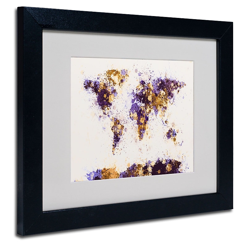 Trademark Fine Art Michael Tompsett 'Paint Splashes World Map 4' Matted Black Frame 16x20 Inches image 1