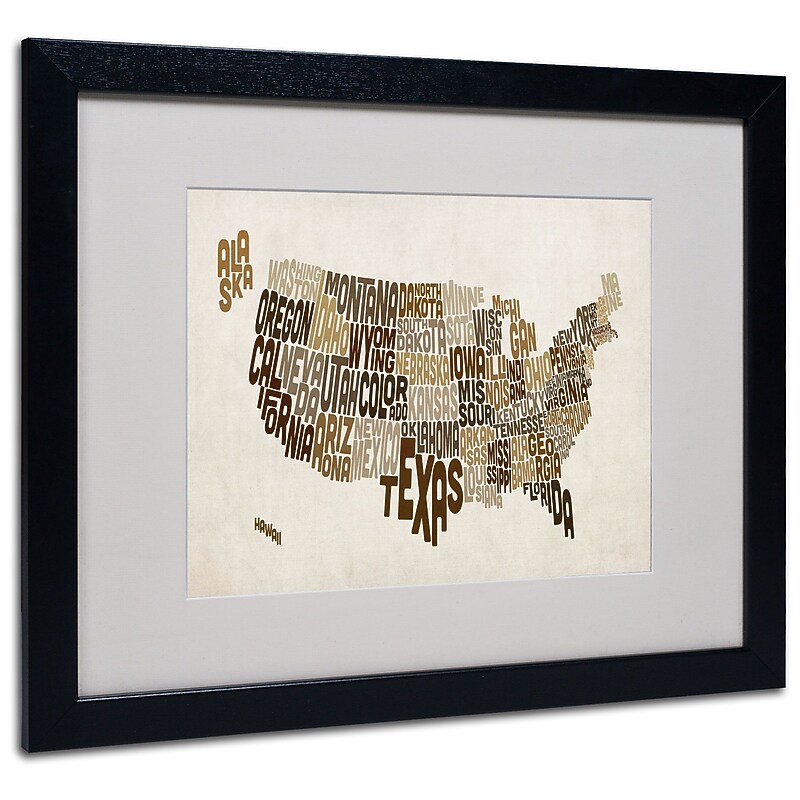 Trademark Fine Art Michael Tompsett 'USA States Text Map 2' Matted Art Black Frame 16x20 Inches image 1