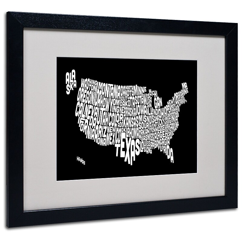 Trademark Fine Art Michael Tompsett 'BLACK-USA States Text Map' Matted Black Frame 16x20 Inches image 1